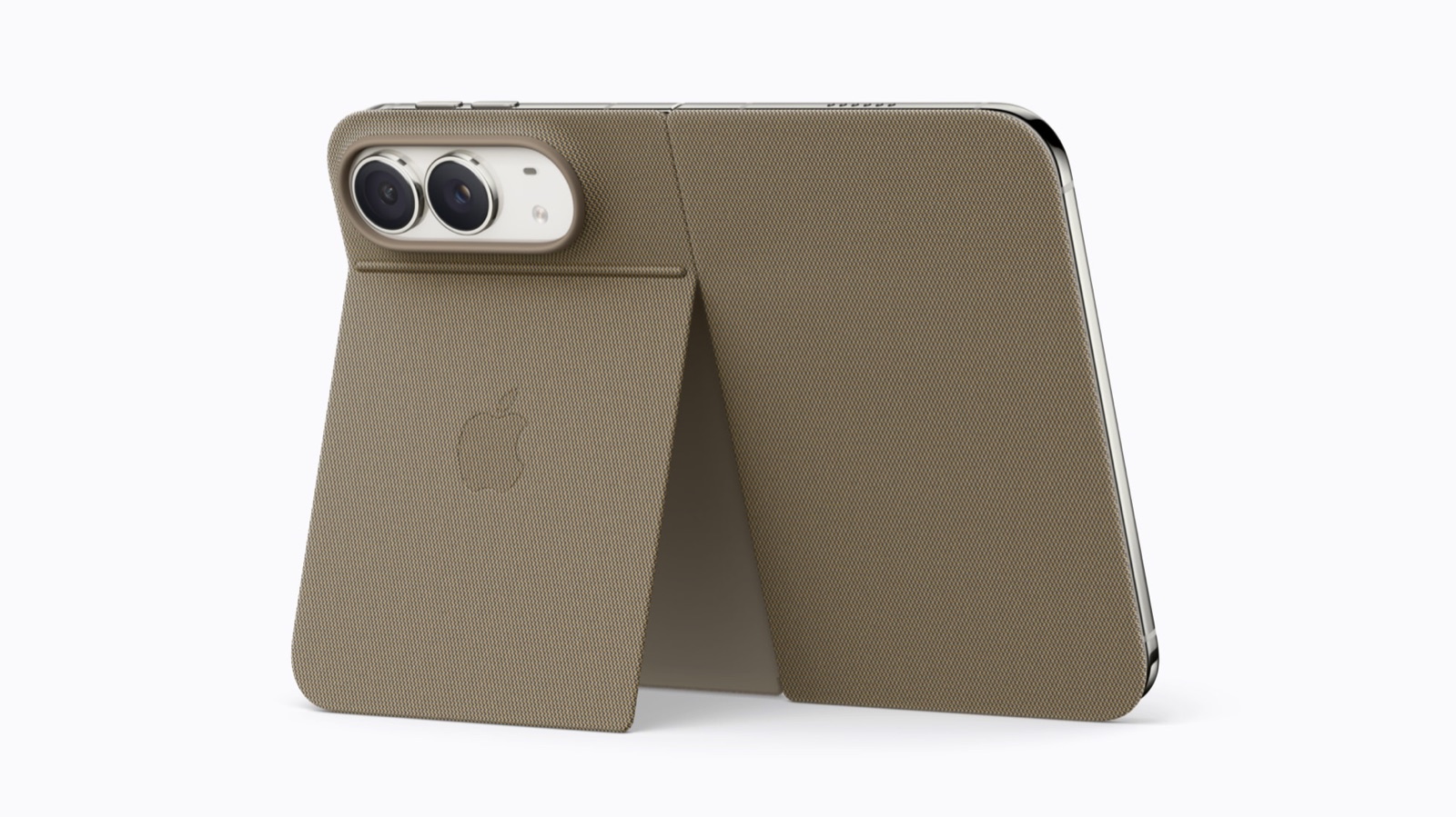 Apple iPhone Duo Folio with kickstand in taupe, standing on its fold-out stand