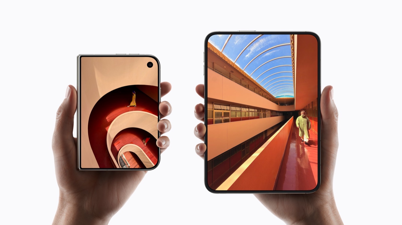 Apple iPhone Duo held closed with the 5.4-inch outer display, next to the open phone showing the 7.6-inch inner display