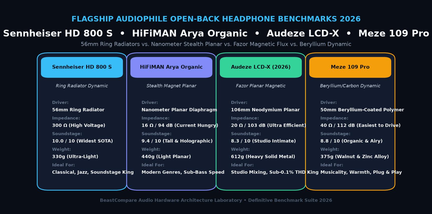 Sennheiser HD 800 S vs. HiFiMAN Arya Organic vs. Audeze LCD-X vs. Meze 109 Pro: The Definitive Flagship Audiophile Open-Back Headphone Architecture, 56mm Ring Radiators vs. Nanometer Stealth Planar vs. Fazor Magnetic Flux vs. Beryllium Dynamic Transducers, Soundstage Imaging, DAC/Amp Driveability, and Critical Listening Showdown (2026)