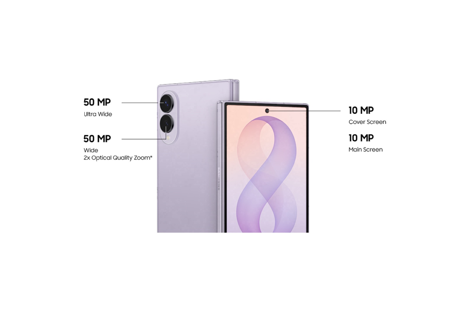 Samsung Galaxy Z Fold8 in lavender showing its dual 50MP rear cameras and 10MP cover and main screen selfie cameras